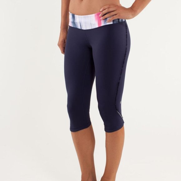 Lululemon Run: Fast& Free Crop Deep Indigo / Mirage Deep Indigo / White sz 4 EUC - Picture 1 of 16